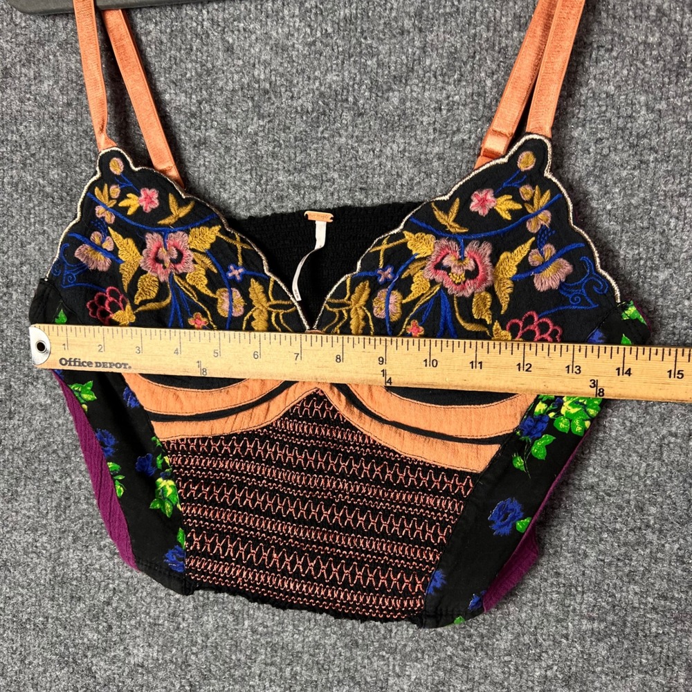Free People Bustier Top Womens Medium Black Floral Embroidered Smocked - Picture 3 of 7